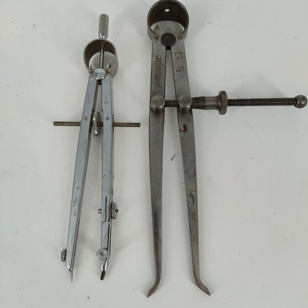 2 Vtg Compass Millers Falls 7" Spring Wing Divider & K & E Scribe Tool